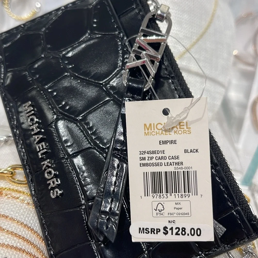 Michael Kors Empire Small Crocodile Embossed Leather Card Case Black  NWT